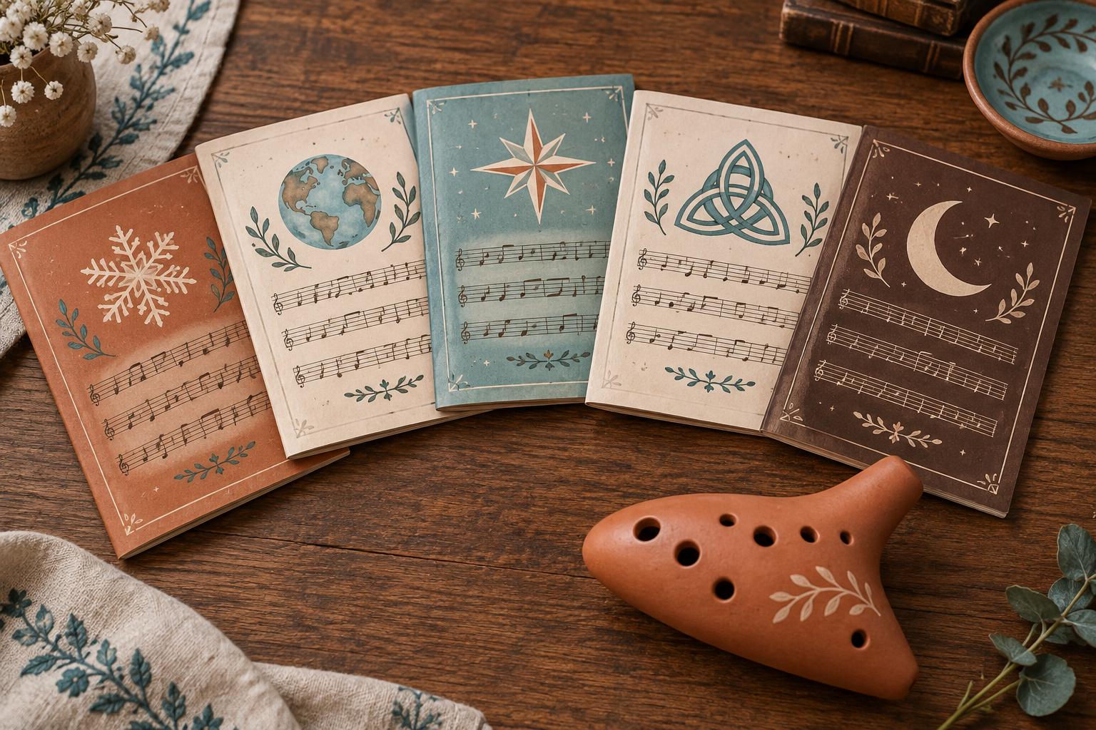 Cinq recueils de partitions en éventail sur une table en bois, avec un ocarina en terre cuite